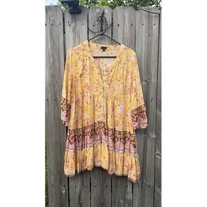 Boho Coco + Carmen Tunic Women L/XL Yellow Floral Babydoll Tiered Ruffle Top